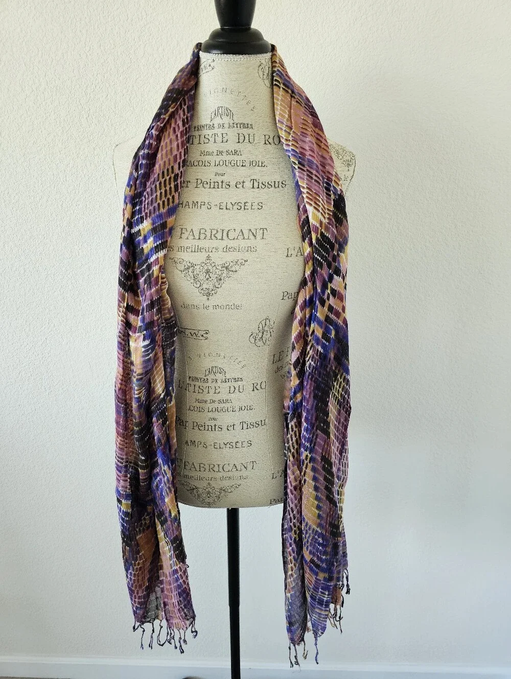 ​Liz Claiborne Abstract Ikat Plaid Wrap Scarf Purple Mustard Fringe Trim 72x28​